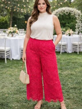 Trina Turk Red Coral Lace Wide Leg Pants Size 14 NWT High Rise Scalloped Hem